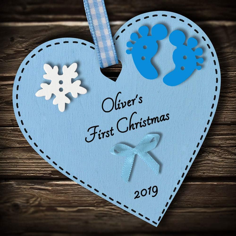 MultiColour Personalised Baby's First 1st Christmas Bauble tree decoration wooden heart hanging