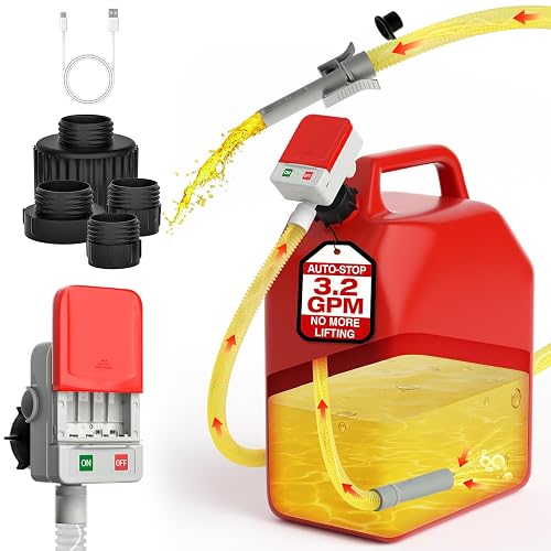 KEIMI Portable Fuel Transfer Pump with Auto-Stop, 3.2 Gallon per Min, 51" Extra Long Hose, Battery & USB Powered, 4 Can Adapters, Leak-proof Gas Pump for Oil, Diesel and Gasoline