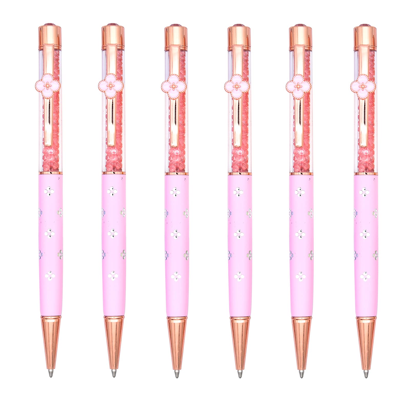 Gullor 6 Pieces Black Ink Pens Four-leaf clover crystal pen Medium Point Ballpoint Pens, Pink