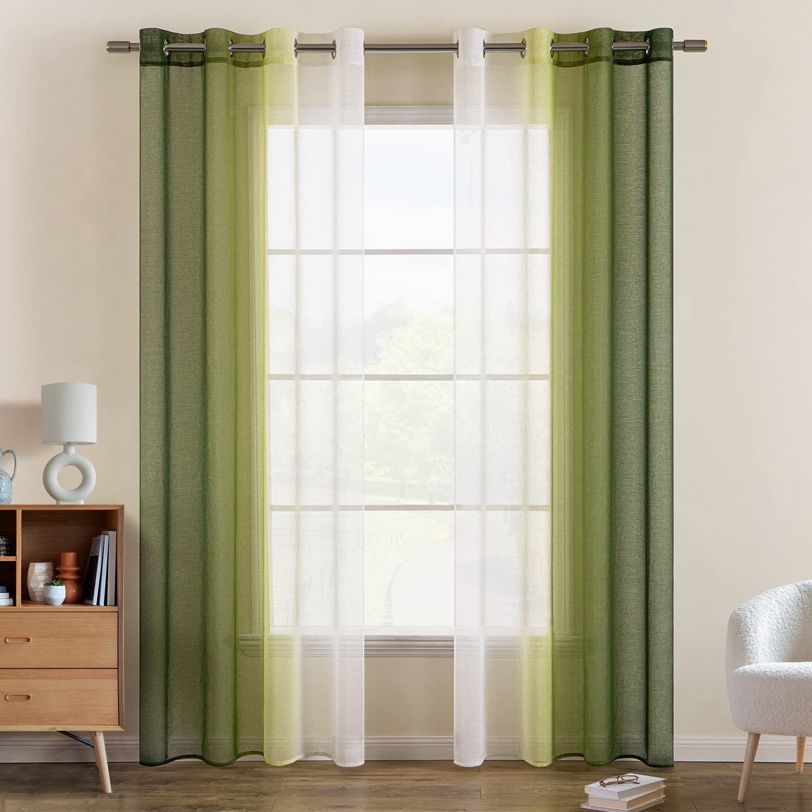 EMEMA Voile Curtain Two-Tone Curtain with Eyelets Transparent Curtain Eyelet Curtain Window Curtain Translucent for Bedroom Set of 2 140 x 245 cm Olive Green
