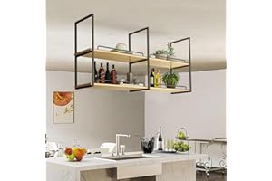 Modern Ceiling Shelf - Hanging Kitchen Display Stand, 2-Layer Wooden Floating Shelves with Black Pipe Brackets, Ceiling Mount