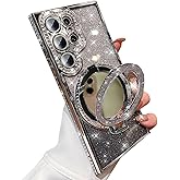 AuroiCCY Magnetic Kickstand Case for Samsung Galaxy S25 Ultra with Bling Lens Protector, [Compatible with MagSafe] Glitter Makeup Mirror Cute Bling Rhinestones Cover with Ring Holder Stand, Silver