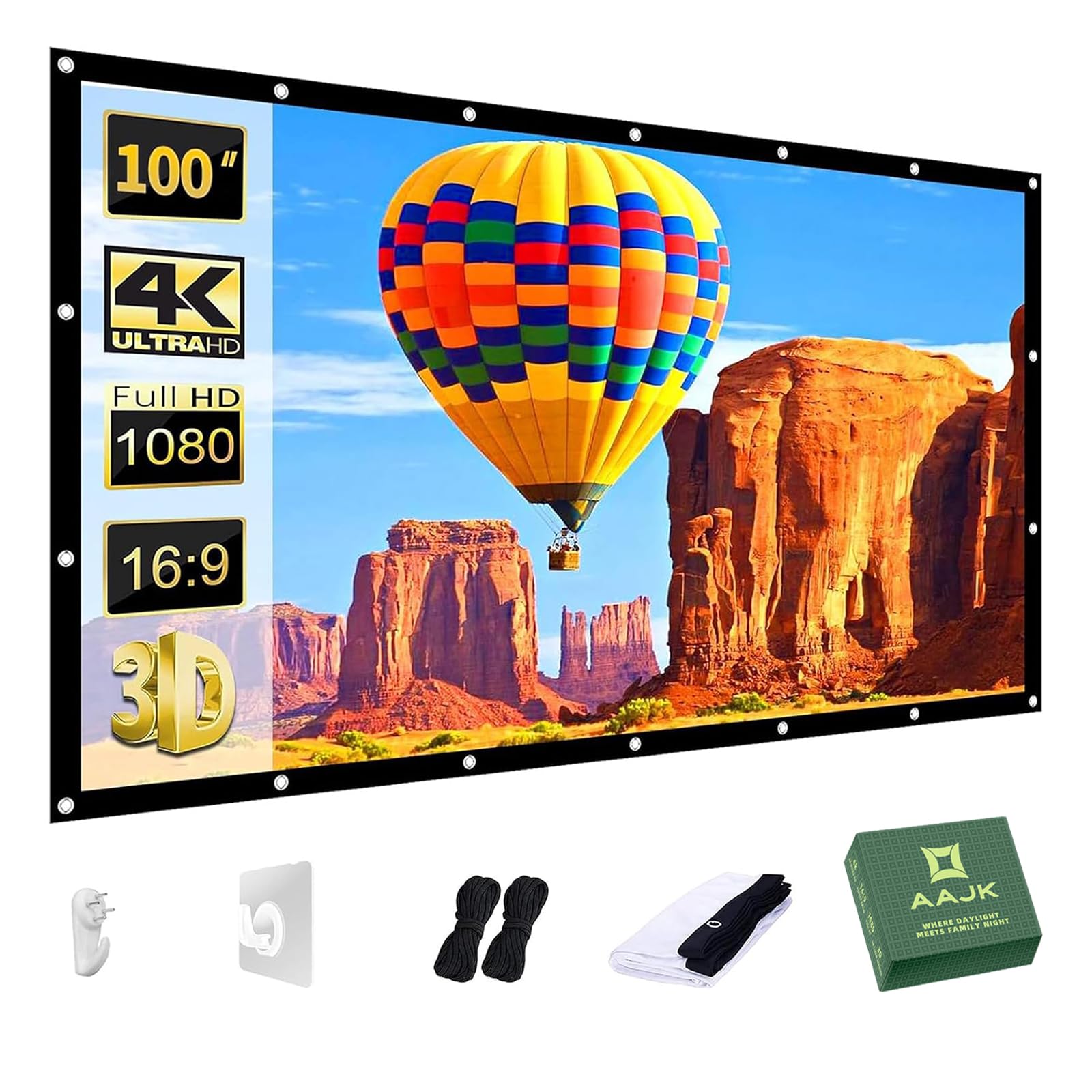 Photo 1 of AAJK Outdoor Projector Screen 100 inch, Washable Projector Screen 16:9 Foldable Anti-Crease Portable Projector Movies Screen for Home Theater Outdoor Indoor Support Double Sided Projection