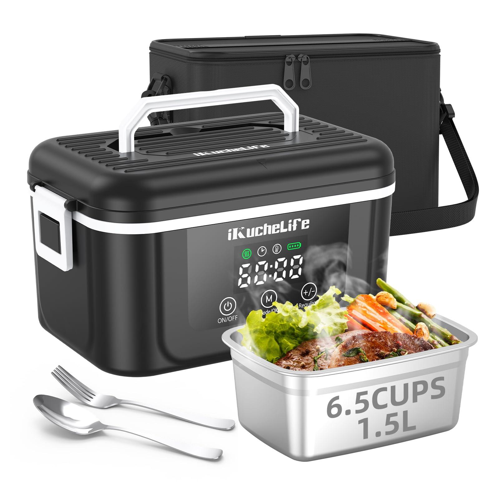 Photo 1 of ** MINOR DAMAGED, SEE THE PICTURES FOR DETAILS**

ikuchelife Heated Lunch Box, 6.5-Cup&18000mAh Cordless Electric Lunch Box with Scheduled Heating, 1.5L Rechargeable Portable Food Warmer with Digital Display for Work, Travel, Office, Camping?Black?