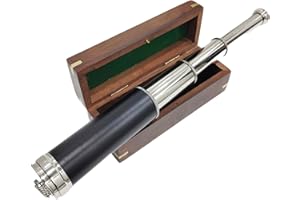 Navirock Antique Telescope Collectible Decor Nautical Spyglass 1915 Chrome Finish Brass Maritime Vintage Pirate Telescope 16'' with Wooden Case (Black Leather)