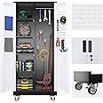 Reemoon Broom Closet Storage Cabinet with Wheels and Pegboard,Metal Garage Storage Cabinet with Doors and Adjustable Shelves for Garage Home Office,Required Assembly,Black and Grey