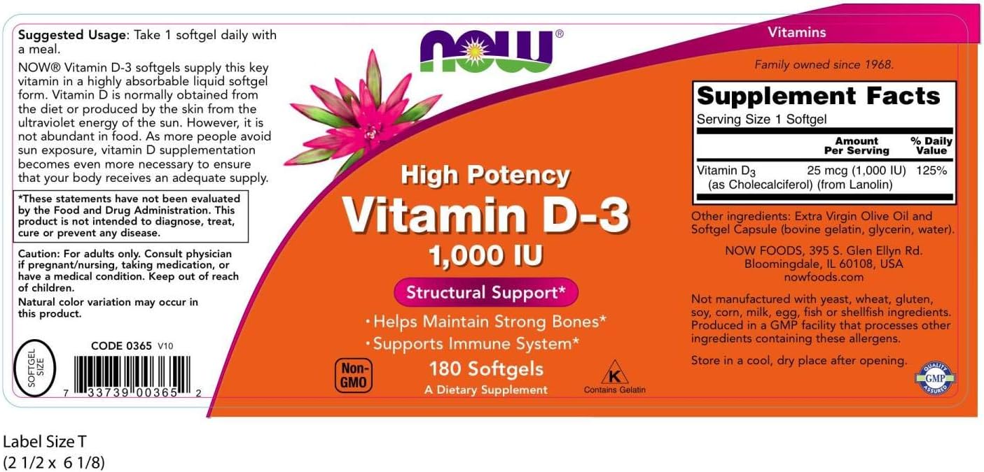 NOW Supplements, Vitamin D-3 1,000 IU, High Potency, Structural Support*, 180 Softgels: Health & Personal Care