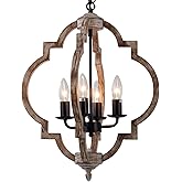16.14" 4-Light Farmhouse Wood Chandelier, Rustic Orb Pendant Lighting Fixture with Adjustable Chain, Vintage Ceiling Hanging 