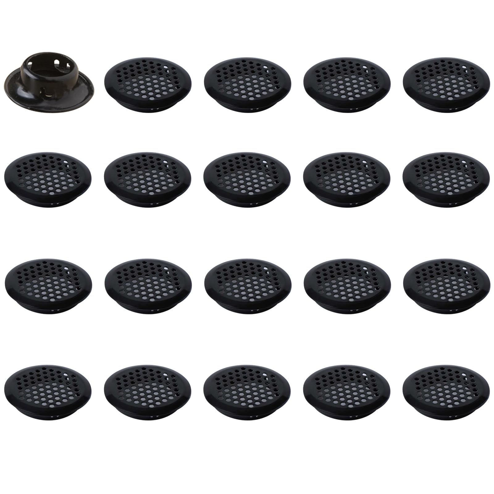 Leliafleury 20Pcs Air Vent Louver Round Ventilation Grilles Mesh Hole Soffit Vents Stainless Steel Air Vent Louver Hole for Kitchen Bathroom Cabinet Wardrobe (Black, 35mm Bevel Mouth)