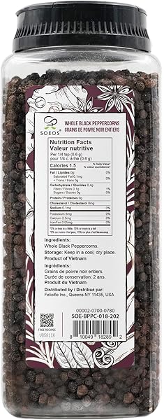 SOEOS BLACK PEPPERCORNS, 18OZ (PACK OF 1), NON-GMO, KOSHER, PACKED TO KEEP PEPPERS FRESH, PEPPERCORN FOR GRINDER REFILL, WHOLE PEPPERCORNS