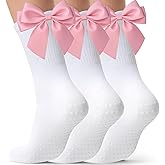 Cutecrop 3 Pairs Pilates Socks Non Slip Yoga Crew Sock Coquette Satin Bow Pilates Grip Socks for Women Ballet Athletic Gifts