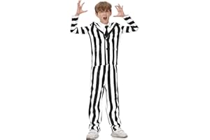 IIMMER Kids Halloween Black and White Striped Long Pants Outfit with Black Tie Shirt 6-14 Years
