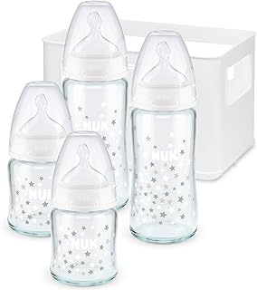 NUK First Choice Plus Glas Babyflaschen Starter Set, mit 4 Babyflaschen inklusiv Silikon-Trinksaugern & Flaschenbox, 2x 120ml & 2x 240ml, 0-6 Monate, Sortiertes Design