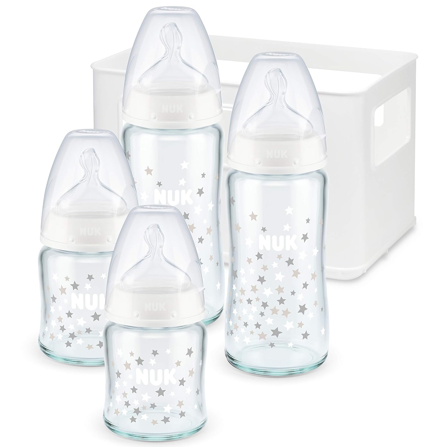 NUK First Choice Plus Glas Babyflaschen Starter Set, mit 4 Babyflaschen inklusiv Silikon-Trinksaugern & Flaschenbox, 2x 120ml & 2x 240ml, 0-6 Monate, Sortiertes Design