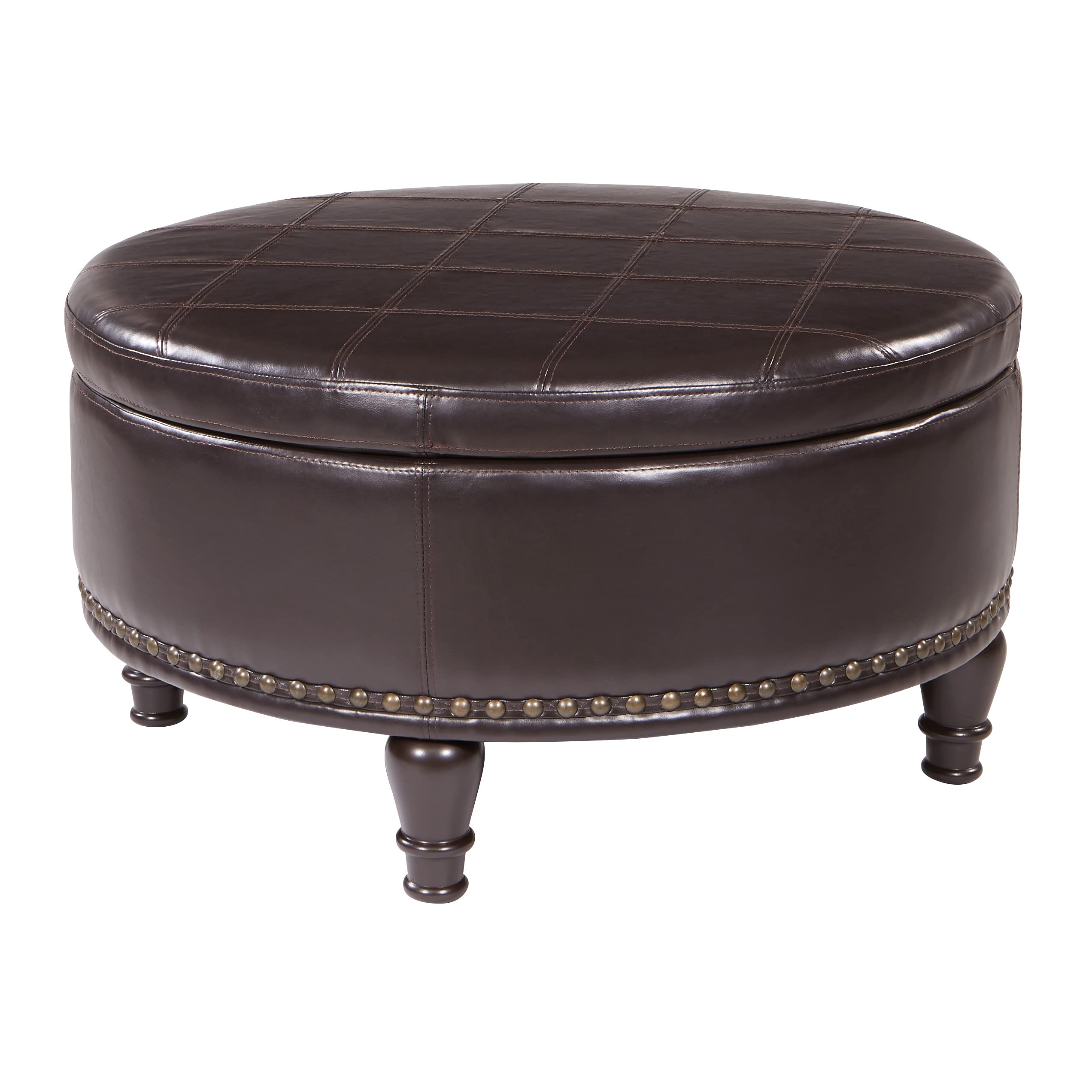 Photo 1 of INSPIRED by Bassett OSP Home Furnishings Augusta Round Storage Ottoman with Decorative Nailheads and Flip Over Lid with Serving Tray Surface, Espresso Faux Leather