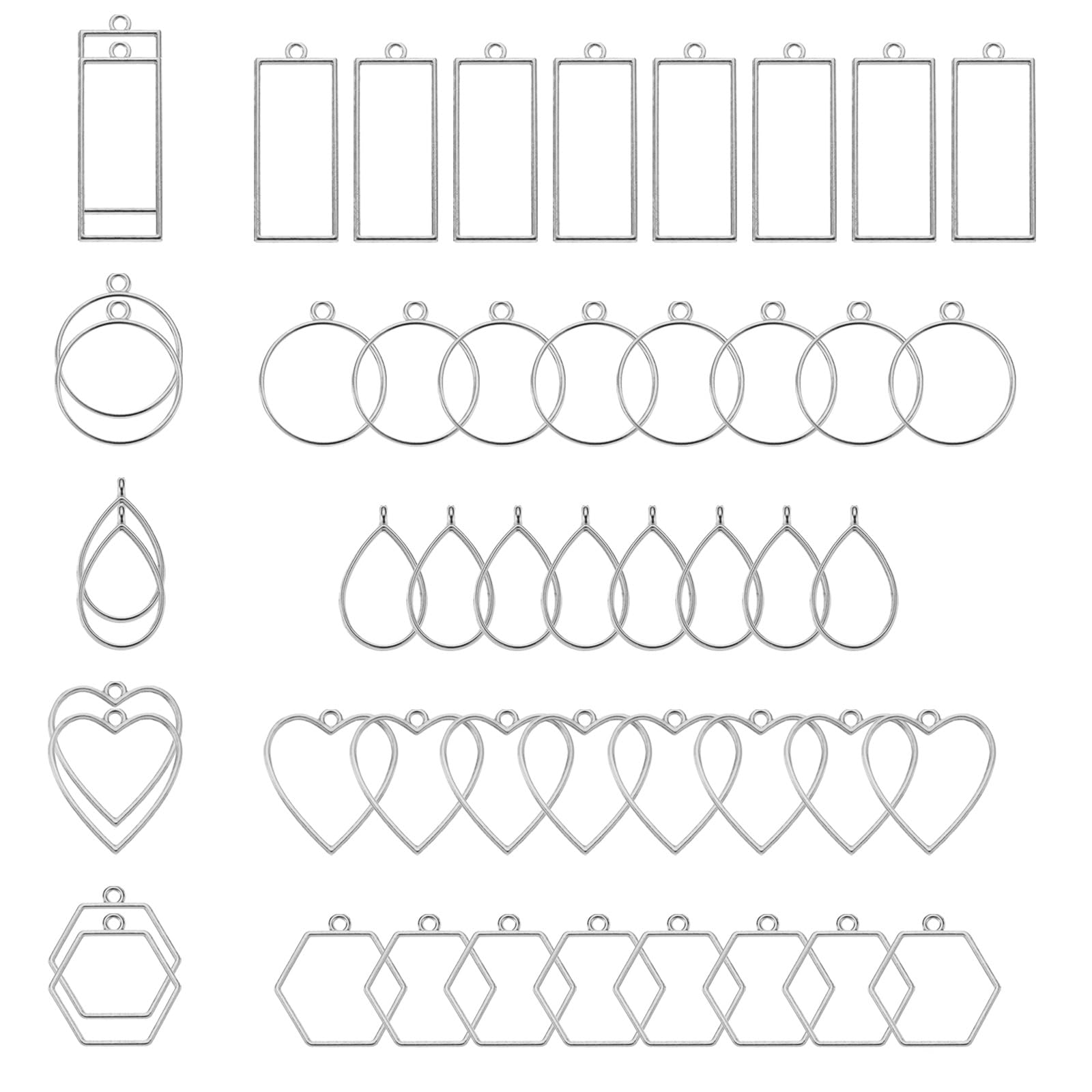 PATIKIL 50Pcs Open Bezels, Resin Bezels Charm Pendants Open Back Bezels Alloy Hollow Frame Bulk for Resin Craft Making, Silver Tone and White(5 Shapes)