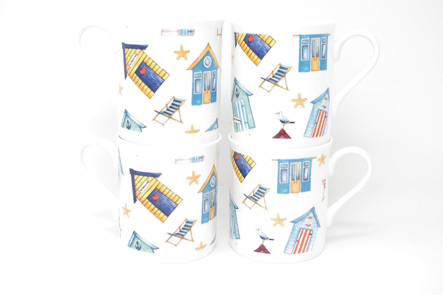 Set 4 Bone China Mugs Beach Hut 19274 Tea Coffee Mug Nuatical Seaside