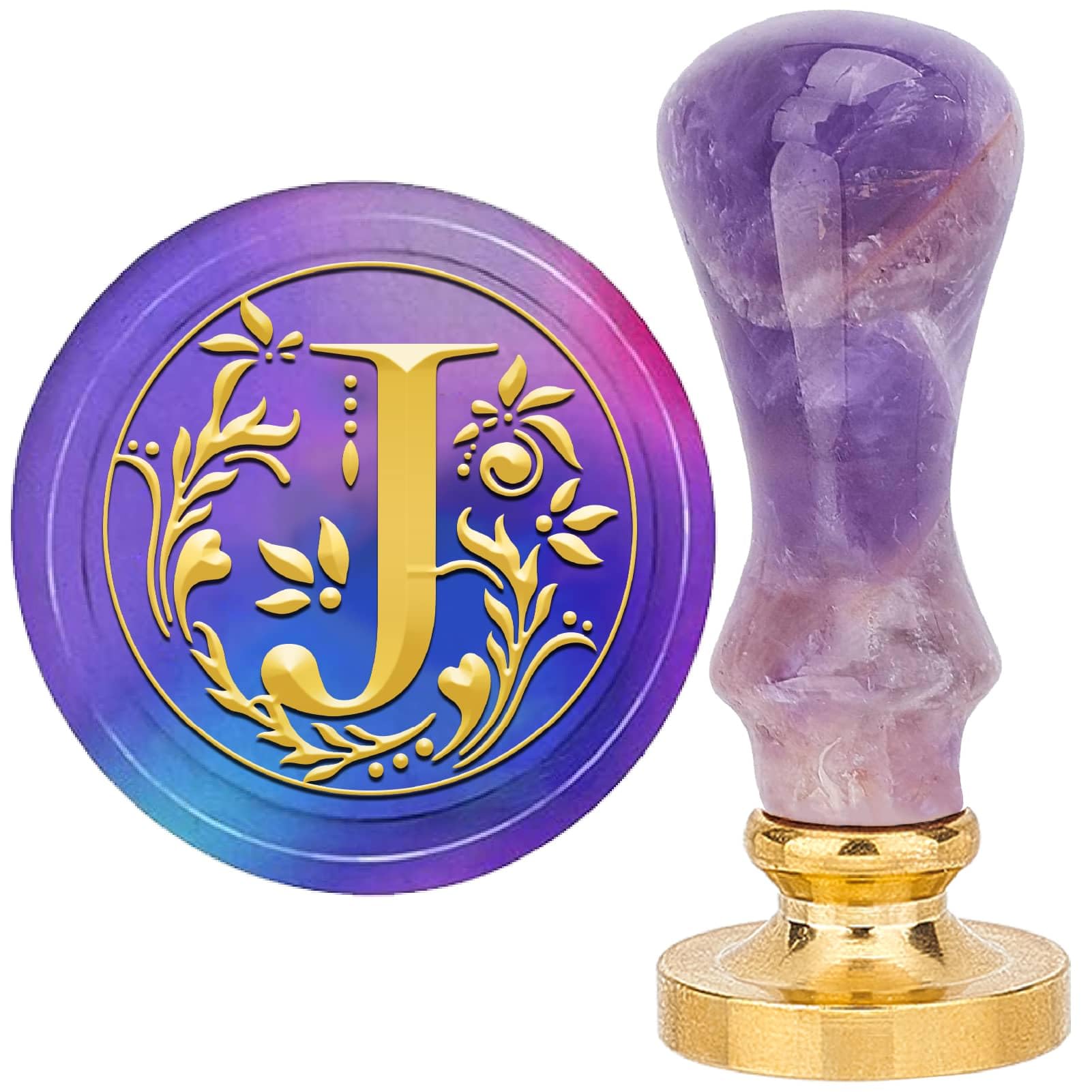 CRASPIRE Letter J Natural Stone Wax Seal Stamps Handle Purple Crystal 25mm Removable Vintage Brass Sealing Stamp Heads Retro for Wedding Envelopes Invitations Card DIY Craft Gift Wrapping