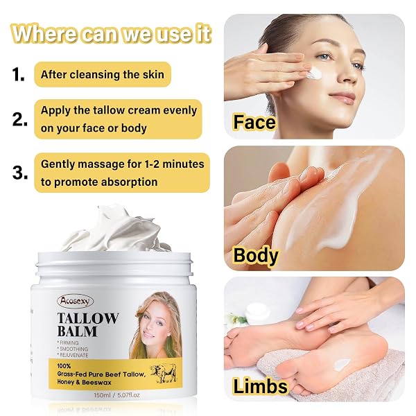NEW BEEF TALLOW FOR FACE,HANDMADE WHIPPED TALLOW BALM WITH SHEA BUTTER,GRASS FED BEEF TALLOW FOR SKIN,ORGANIC BEEF TALLOW FACE MOISTURIZER,TALLOW AND HONEY BALM FOR DRY & SENSITIVE SKIN 5.07 OZ