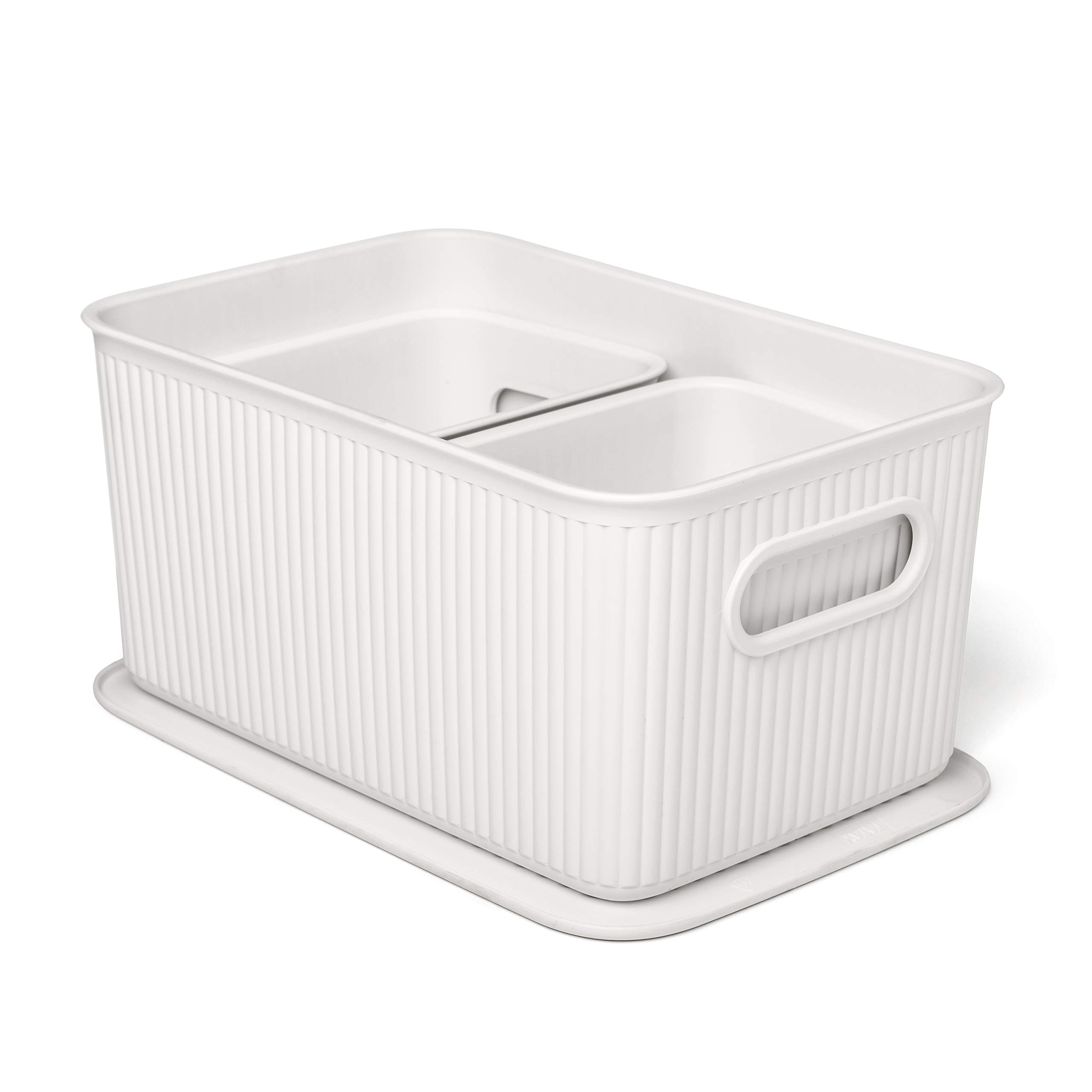 TATAY Plastic Storage Basket Baobab | Set of 3 Organizer Boxes with 1 Lid | Integrated Handles | Compact and Versatile Design | Recycled BPA-Free Plastic | 18.7 x 27.8 x 13.3 cm, White