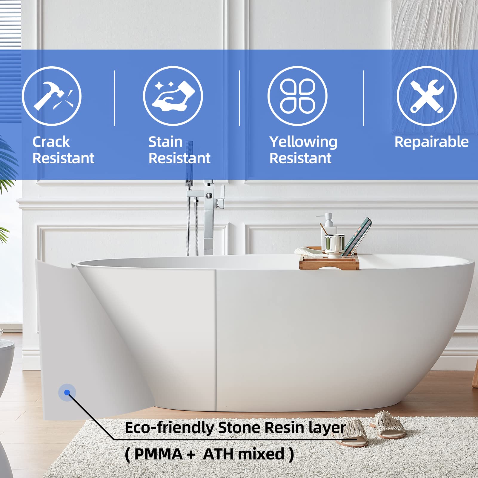 Cpingao 67" Freestanding Bathtub, Oval Shaped Stone Resin Freestanding Tubs, Solid Surface Matte