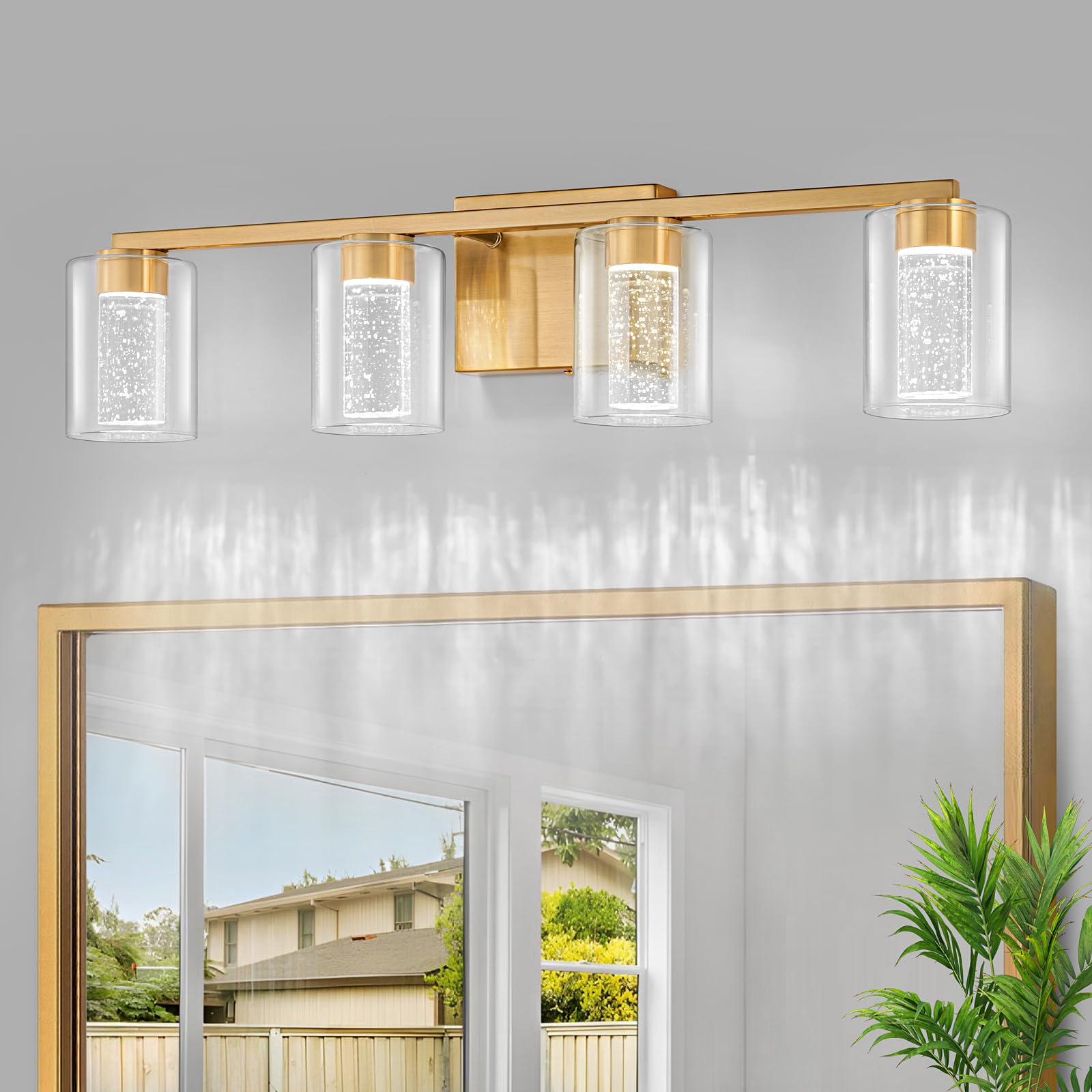 Photo 1 of ***UNKNOWN DAMAGES OR MISSING PIECES/ UNTESTED*** SineRise 4-Light Gold Vanity Light with 3 Color Modes (3000K/4000K/6000K), Eye Protection LED Bathroom Light Fixture, Dimmable Modern Wall Light Over Mirror with Clear Glass Shade