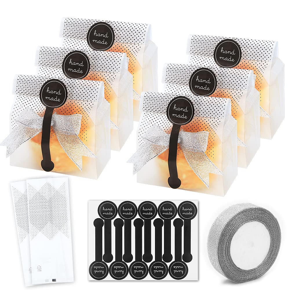 200pcs Sweet Cookie Treat Gift Bags Translucent Plastic W/ 200pcs Stickers and 1 Roll Ribbon for Pick and Mix Sweetie Snack Popcorn Chocolate Candy Cupcake Biscuit Goody Bakery Birthday Wedding Party
