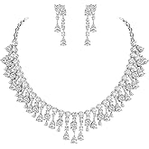 Crysdue Cubic Zirconia Prom Jewelry Set for Women Brides, Sparkle Birthstone Cluster Collar Statement Necklace Teardrop Dangle Earrings for Wedding Party