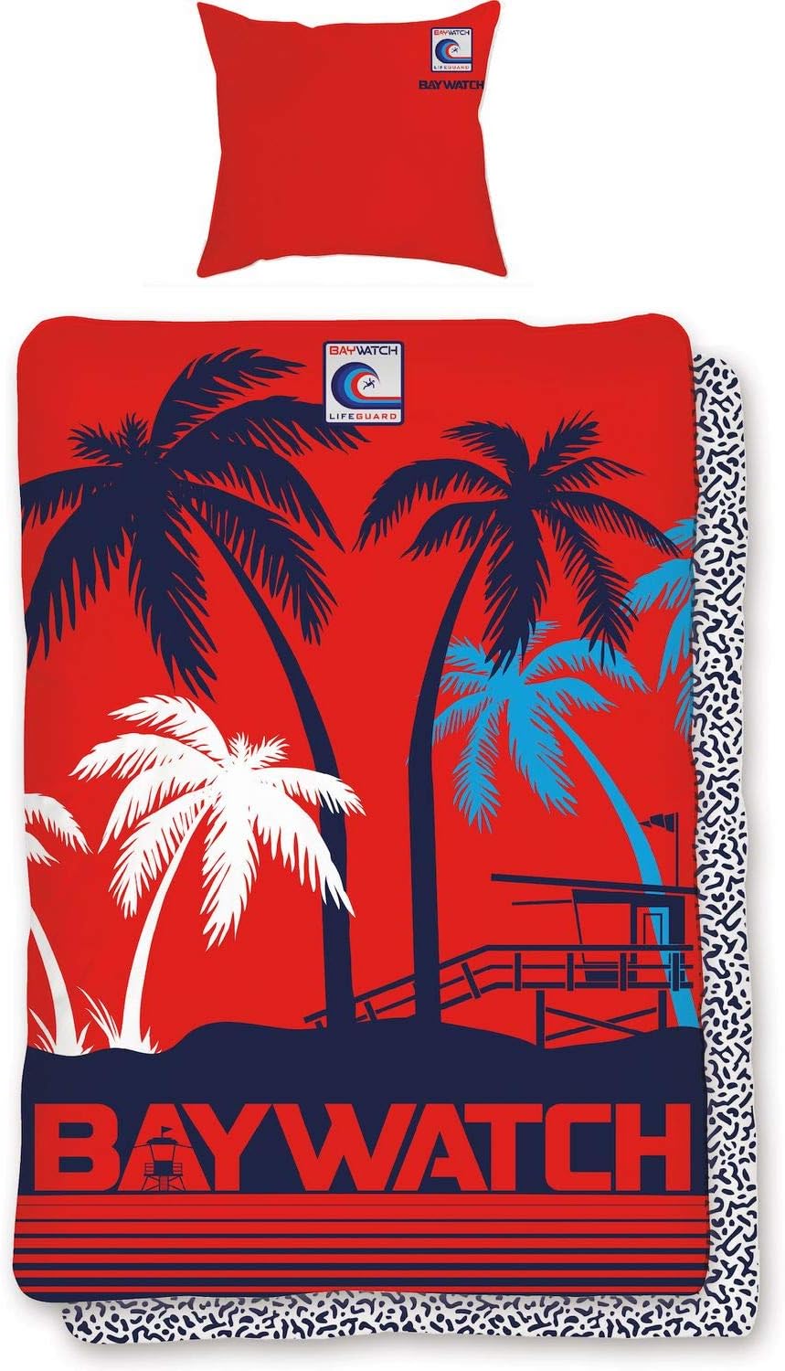 Renforcé Bed Linen Set Baywatch Lifeguard Red Blue Malibu Lifeguard 2-Piece Reversible Pattern 100% Cotton, 100% Cotton, red blue, 135 x 200 cm + 80 x 80 cm