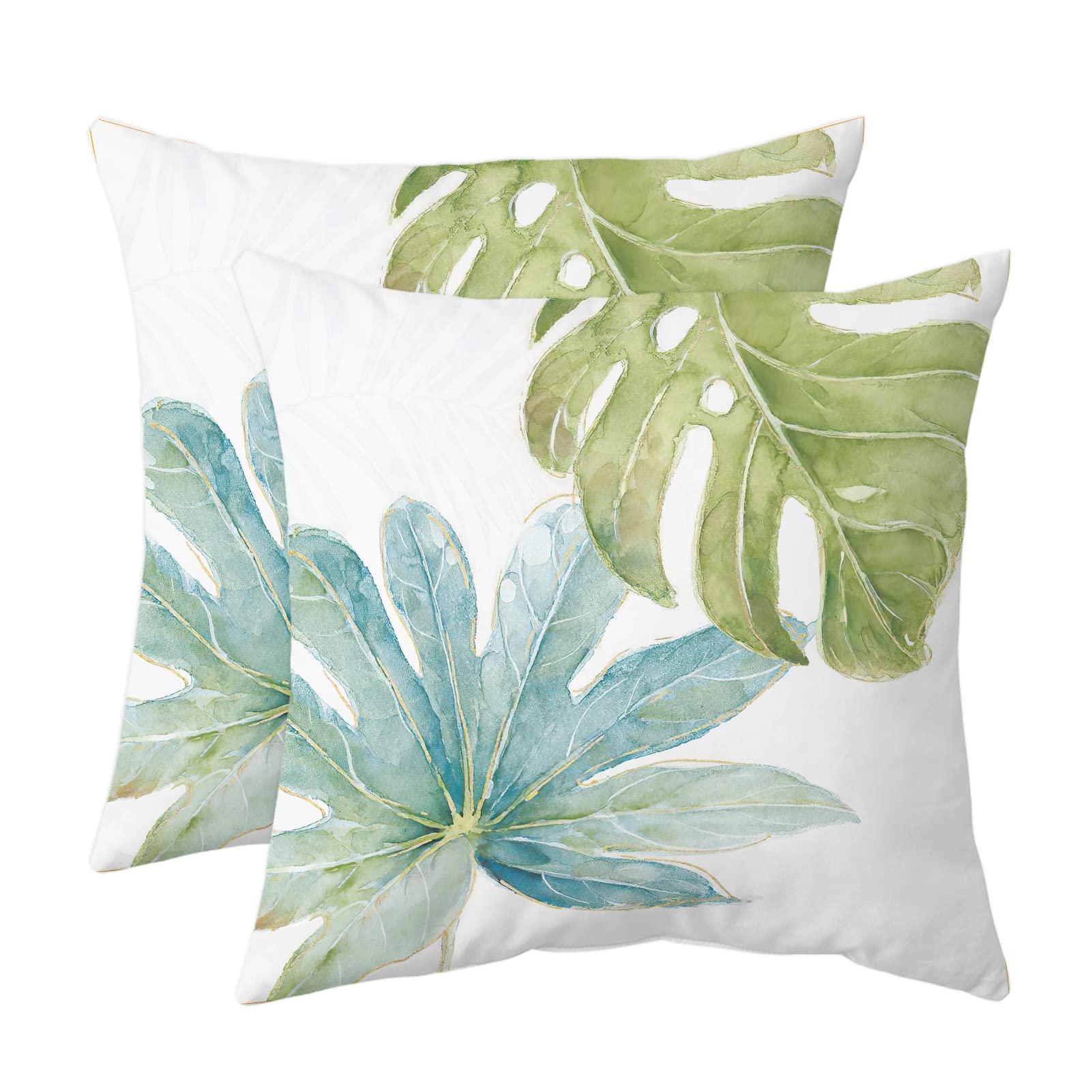 Photo 1 of Green Tropical Leaves Throw Pillow Covers Set of 2 Decorative Monstera Palm Leaf Couch Pillow Case Botanical Plant Outdoor Pillow Covers Waterproof Fabric for Patio Bedroom Living Room, 18" x 18", C2