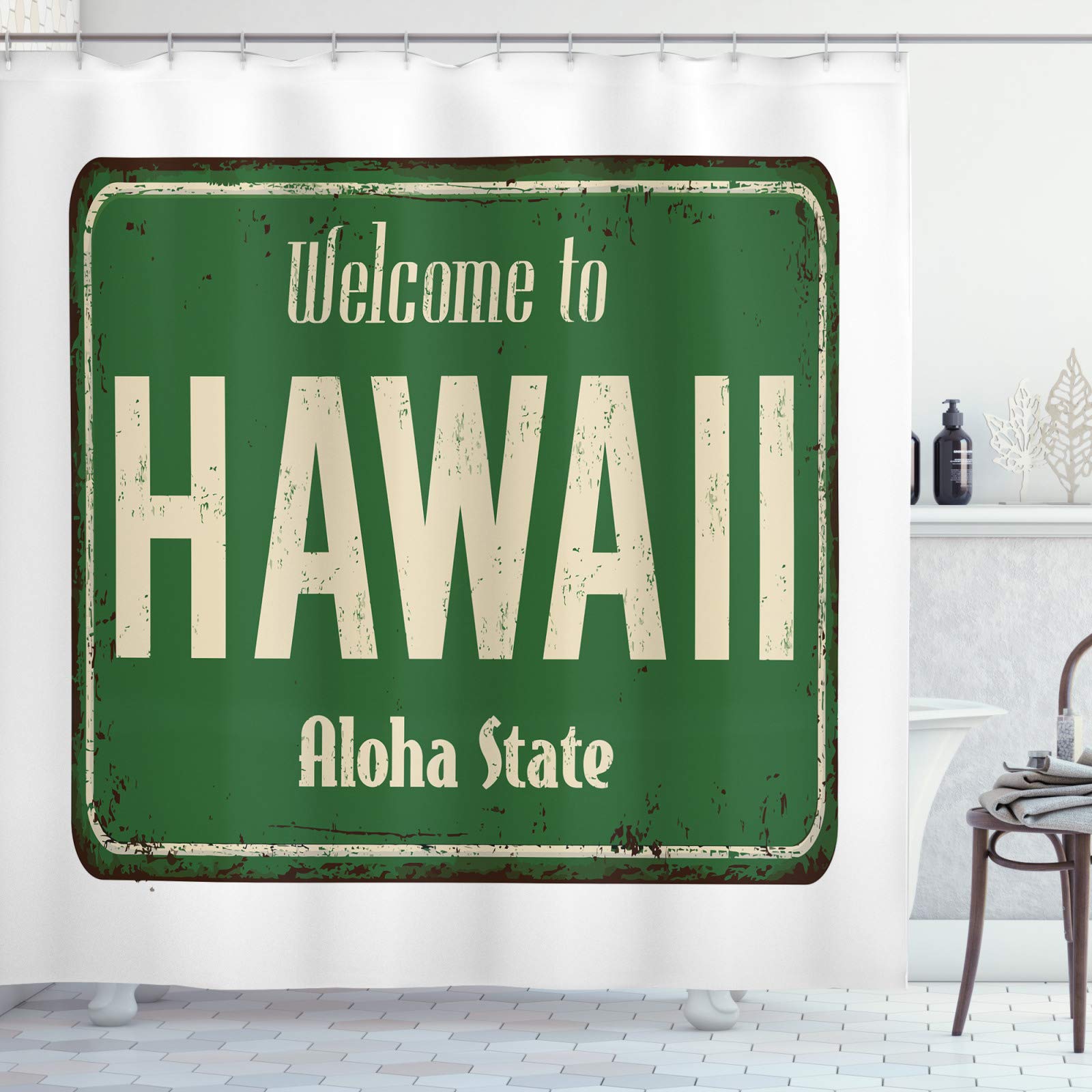 ABAKUHAUS Aloha Shower Curtain, Welcome to Hawaii Aloha State Written on Vintage Rusty Sign Grunge Style, Cloth Fabric Bathroom Decor Set with Hooks, 86" Inches, Olive green and beige