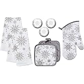 Snowflake Farmhouse Kitchen Towel Set with Pot Holders Oven Mitt and Set of Refrigerator Magnets Modern Farmhouse Decor (Winter Snowflakes)