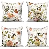 Yanutan Birds Throw Pillow Covers, Flower Floral Vintage Decorative Pillow case, 4-Pack Double-Side Printed Pillowcases for Sofa and Living Room, 18x18 in