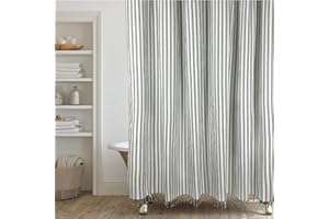 HALL & PERRY Modern Transitional Stripe Shower Curtain with Tassels - Vertical Black and Cream Lines Striped, 72" x 72"