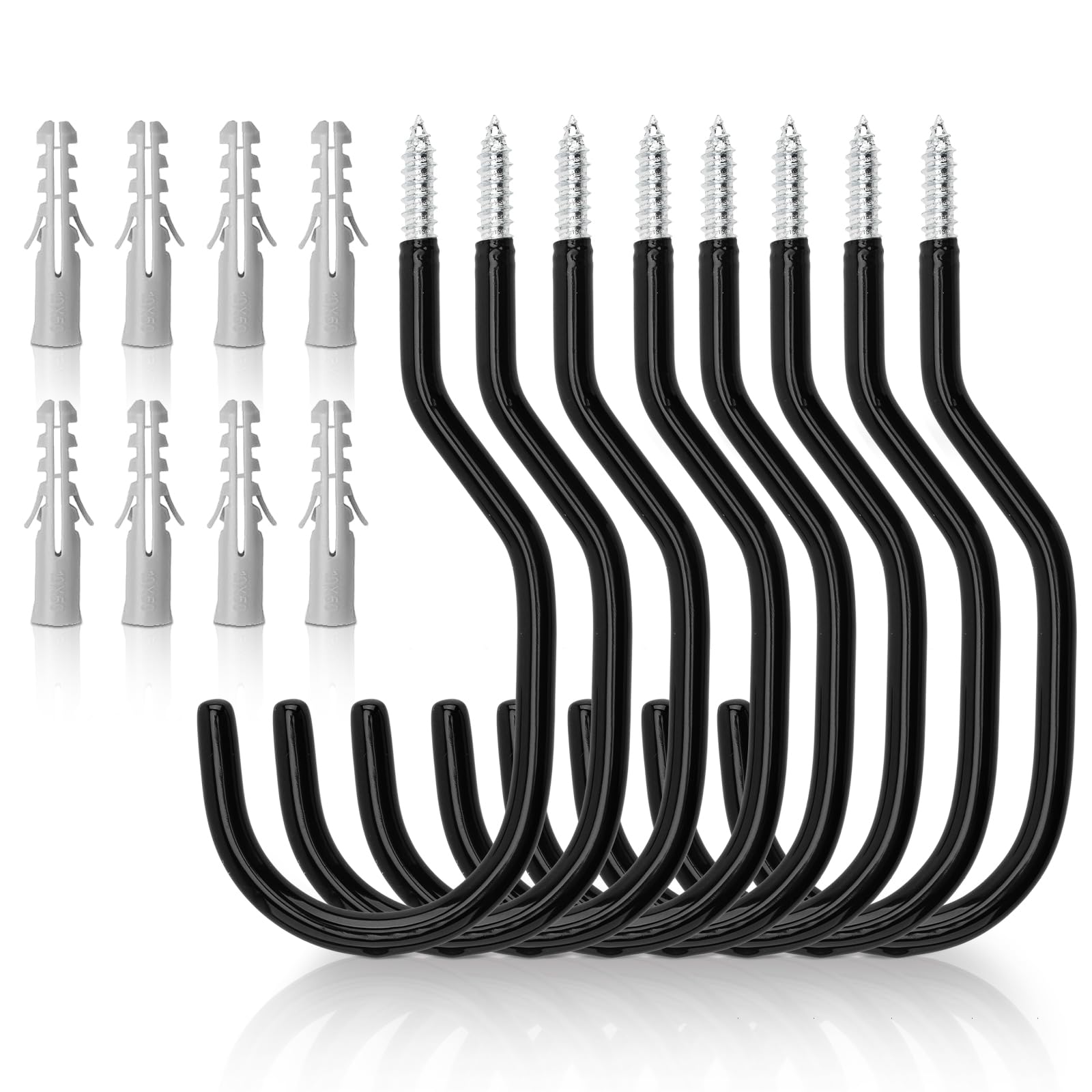 KINGLAKE 8 Pcs Black Bike Hooks, Garage Storage and Shed Heavy Duty Ceiling Hooks, Wall Mount Plastic Coated Bicycle Tool Hanger for Wall Bike Hanging