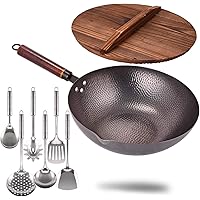 Carbon Steel Wok with Wooden Handle and Lid,using for Electric, Induction, Gas Stoves,6 Cookware Accessories,12.5 inch…