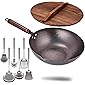 Carbon Steel Wok with Wooden Handle and Lid,using for Electric, Induction, Gas Stoves,6 Cookware Accessories,12.5 inch…