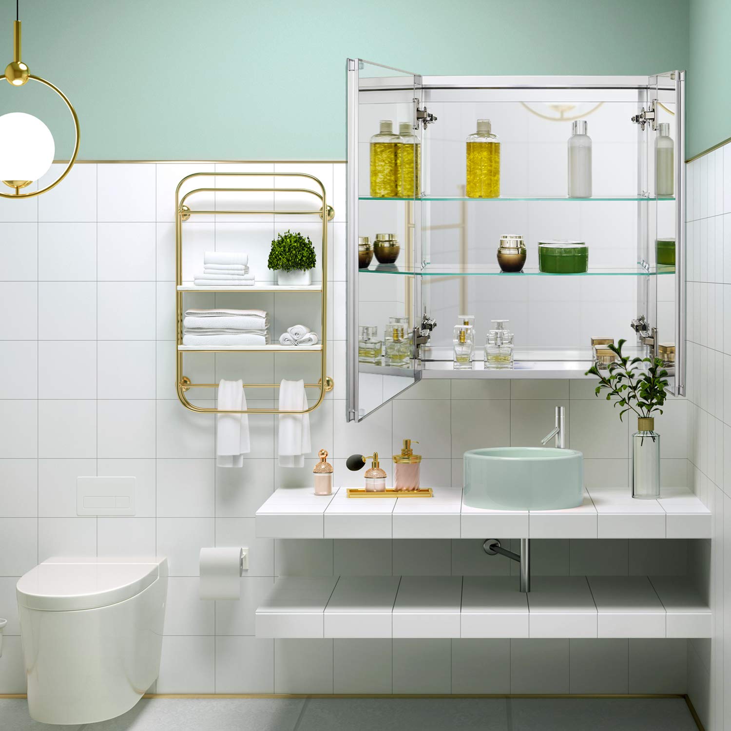 Fundin Bathroom Wall Mount Cabinet with Two Glass Shelves, 20 x 24 Inch Recess or Surface Mount Medicine Cabinet, Frameless Mirror Door Cabinet