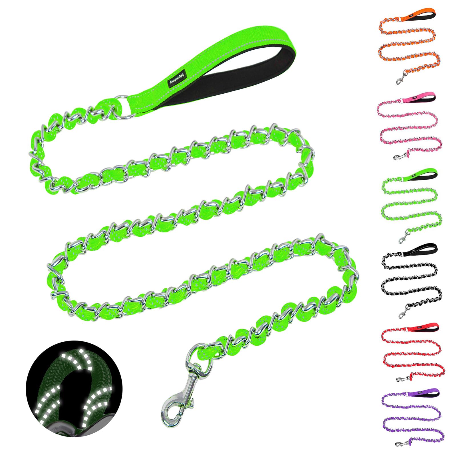 Homimp Chain Dog Leash for Medium Large Dogs, Reflective 6 FT Chew Proof Heavy Duty Metal Leashes with Soft Padded Handle, Anti Bite Durable Rope Pet Leashes for Pitbull, Non Chewable Leash Green — image 1