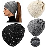 Skicuff 3 Pcs Waterproof Ponytail Beanie Fleece Lined Women Thermal Soft Warm Beanie Waterproof Windproof Cable Knit High Bun Tail Winter Hat for Women Cold Weather Skiing