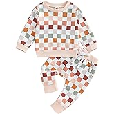 Covvoliy Toddler Baby Boy Girl Clothes Long Sleeve Checkerboard Print Sweatshirt Tops and Pants 2Pcs Fall Winter Outfits