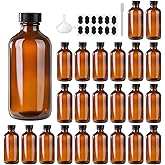 BPFY 24 Pack 4 oz Amber Boston Glass Bottle with Black Poly Cap, Funnel, Chalk Labels, Pen for Homemade Vanilla Extract, Esse