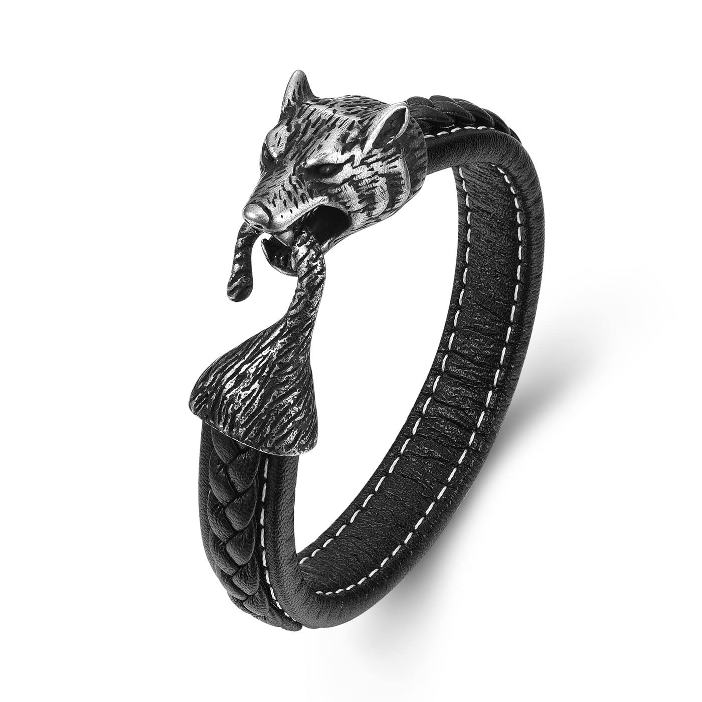 PiercingJak Men's Stainless Steel Wolf Head Viking Bracelet - Vintage Wolf Head Gothic Black Leather Braided Wristband
