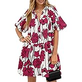 Wenrine Women's Summer Button Down Shirt Dress Floral Puff Short Sleeve Casual Loose Fit Beach Mini Dresses