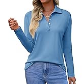 Tankaneo Womens Long Sleeve Polo Shirts Business Work Casual V Neck Collared Tops Button Down Loose Fit Tees Shirts