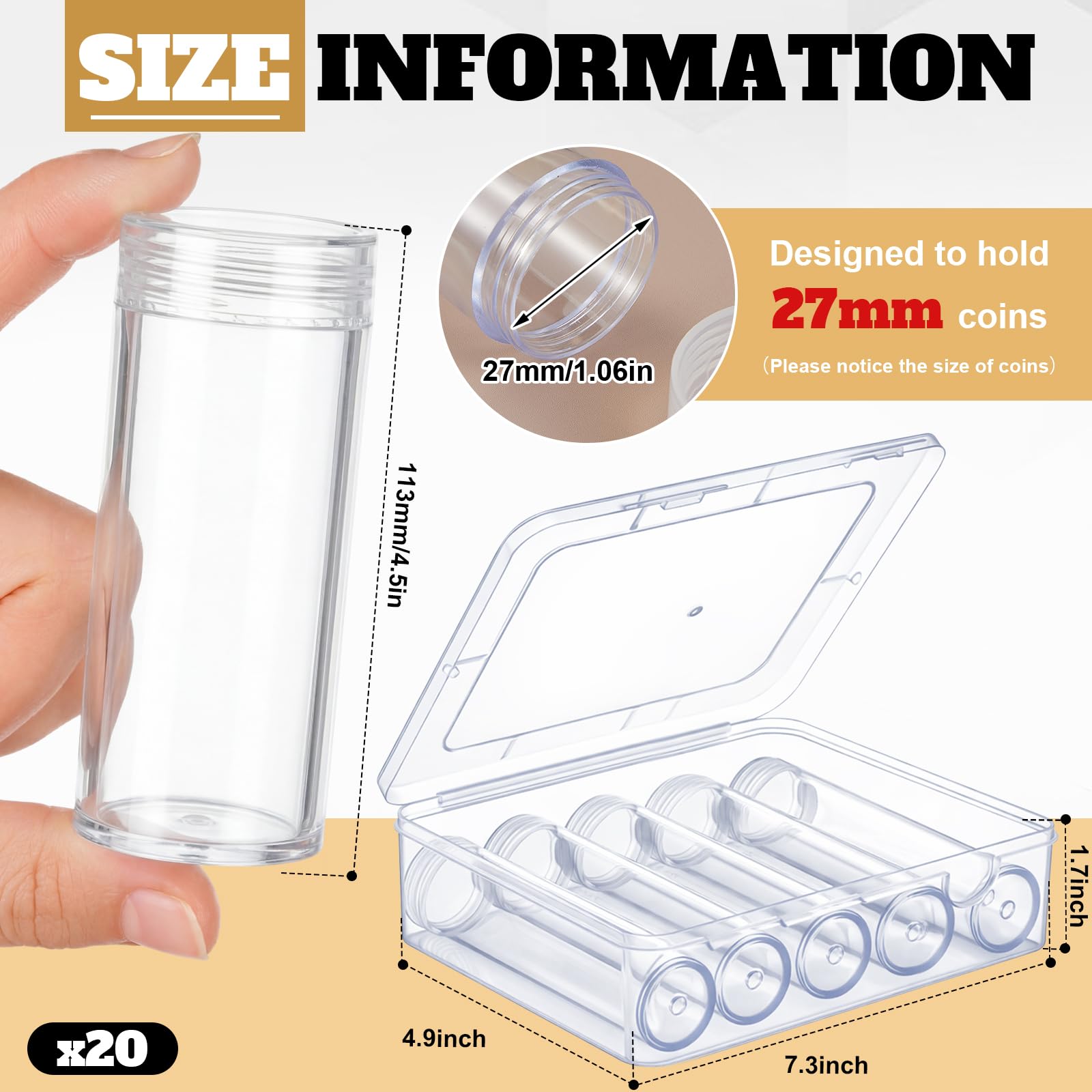 Condition photo showing New/Like New for qunclay 20 pcs small dollar coin tubes with 4 plastic storage box clear holders with lid for collection supplies 24 dollar