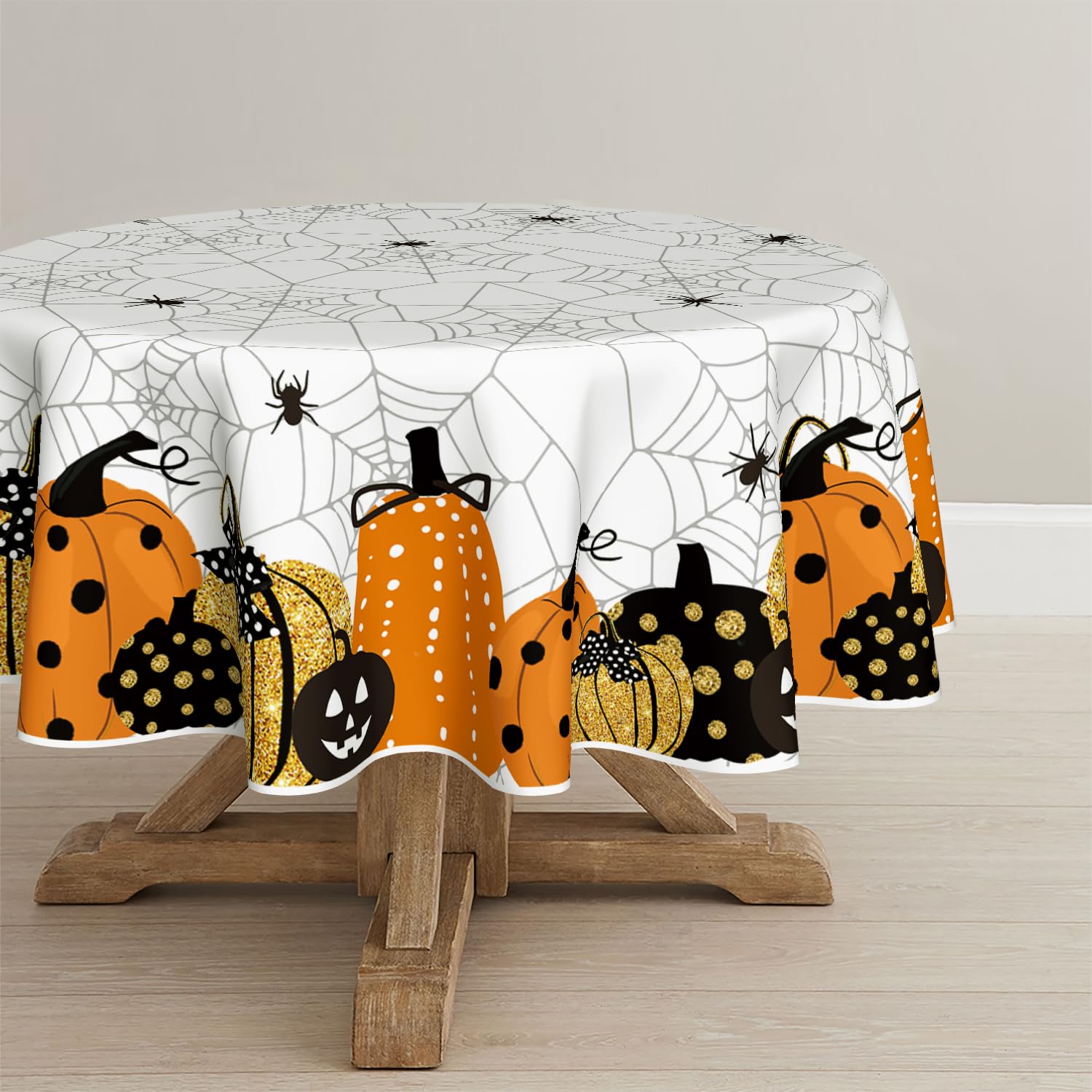 Photo 1 of Horaldaily Halloween Tablecloth 90×90 Inch Round, Jack-O-Lantern Pumpkin Cobweb Scary Themed Washable Table Cover for Party Picnic Dinner Decor