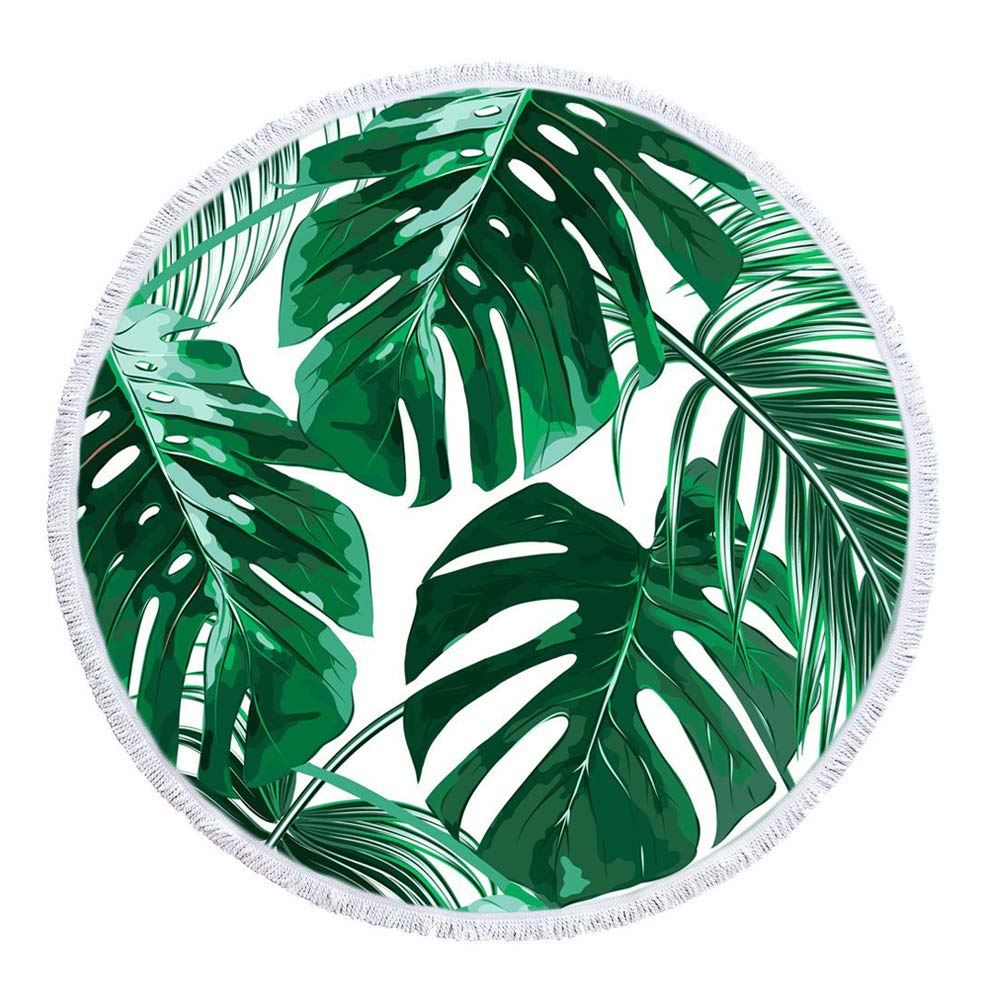 Ramirar Ink Painting Watercolor Green Tropical Plant Leaves Summer Multi-Purpose Round Tassel Beach Towel Blanket Yoga Mat Super Water Absorbent Quick-Dry Microfiber Circle 59 x 59 Inches