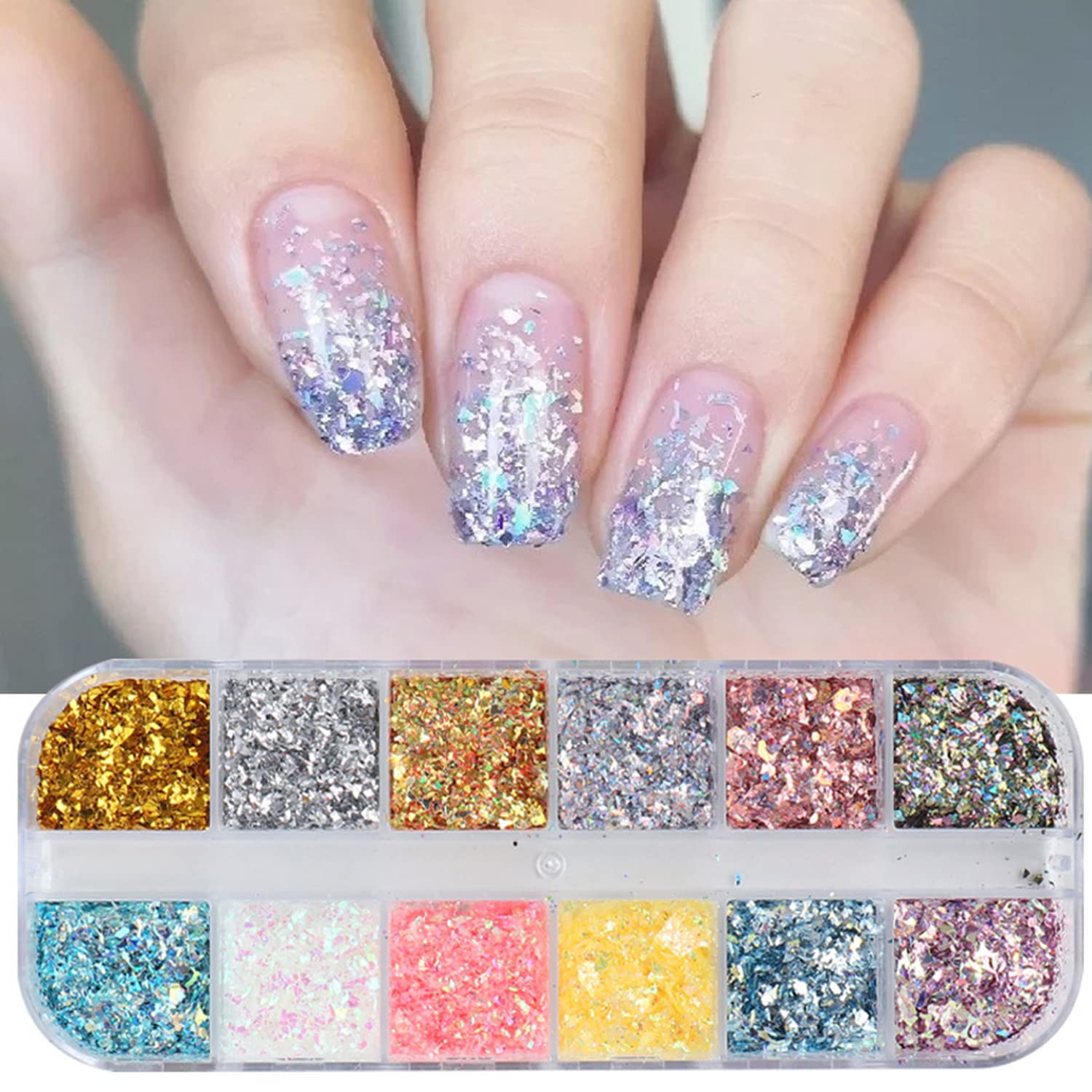 Photo 1 of 12 Colors Glitter Art Sequins, Holographic Irregular Sparkly Flakes Designs, 3D Laser Ultra-Thin Shiny Acrylic Nail Supplies for Women Girls Manicure Charms Decorations, Crafts