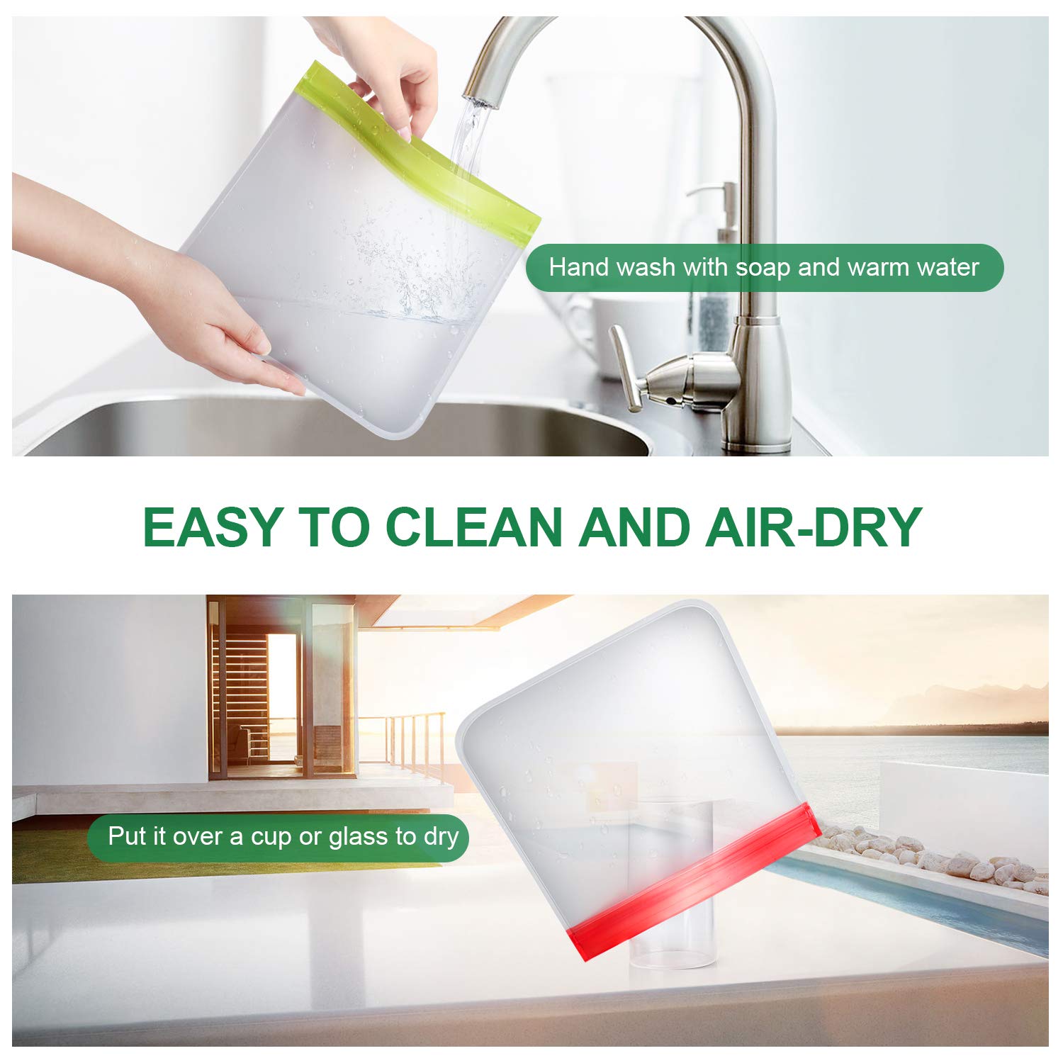 bedee Reusable Food Storage Bags - 8 Pack Extra Thick Ziplock Bags Leakproof Reusable Sandwich Bags - FDA Grade PEVA Snack & Lunch Bags for Kids Snacks, Fruit, Travel, Home Organization